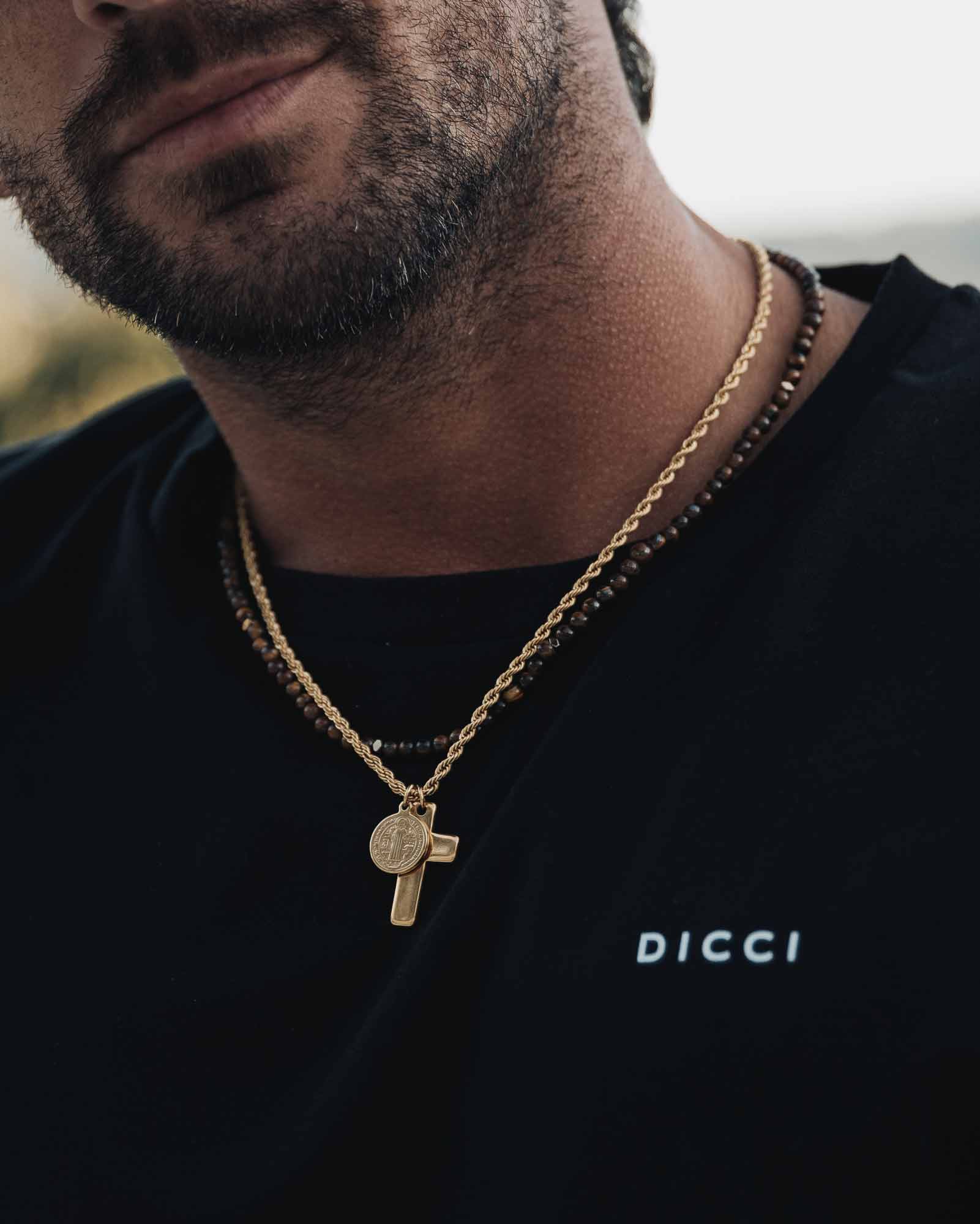 Golden Steel Necklace 'Benediction' on the models neck - Men women Necklaces - Online Jewelry - Dicci