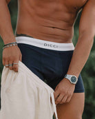 Blue Dicci Boxer on the models body - Bicolor Elastic - Online Underwear - Dicci